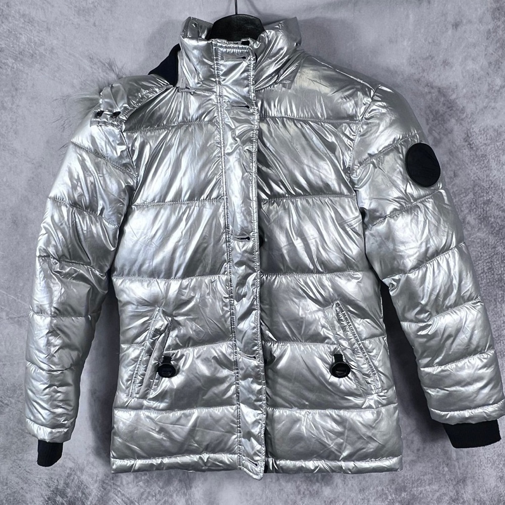 Diesel Girls Puffer Jacket Metallic Silver Full Zip Hooded Size 8